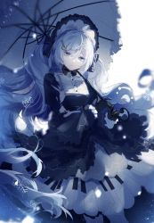 Rule 34 | 1girl, black gloves, blue bow, blue dress, blue eyes, blue hair, blue theme, bonnet, bow, breasts, closed mouth, dress, feet out of frame, fortissimo, frown, gloves, hair between eyes, hair bow, hair ornament, hairpin, hatsune miku, juliet sleeves, light particles, liita (dusk snow), long hair, long sleeves, looking at viewer, musical note, musical note hair ornament, pantyhose, parasol, piano print, puffy sleeves, simple background, small breasts, snowflake hair ornament, solo, treble clef, twintails, umbrella, very long hair, vocaloid, white background, white pantyhose, yuki miku