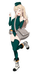 Rule 34 | 1girl, accio, bad id, bad twitter id, bag, bare shoulders, belt, belt pouch, blonde hair, blush, closed eyes, covered navel, detached sleeves, double v, green hat, green leotard, green thighhighs, grey background, grey bag, grey footwear, hair ornament, hairclip, hat, highres, leg up, leotard, long hair, open mouth, original, pouch, simple background, skindentation, smile, solo, thighhighs, v