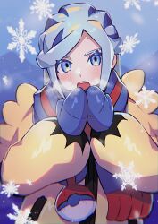 Rule 34 | 1boy, blue eyes, blue mittens, blue scarf, breath, colored eyelashes, commentary request, creatures (company), eyelashes, game freak, grusha (pokemon), highres, jacket, long sleeves, looking at viewer, male focus, mittens, nintendo, open mouth, poke ball print, pokemon, pokemon sv, scarf, shuri (riri shu), snowflakes, solo, striped clothes, striped scarf, teeth, upper body, upper teeth only, yellow jacket
