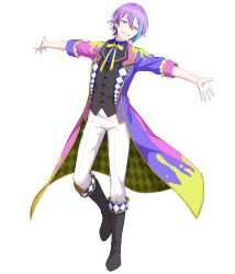 Rule 34 | 1boy, aqua hair, black vest, blue shirt, boots, brown footwear, coat, double-parted bangs, ear piercing, full body, grin, hair between eyes, highres, kamishiro rui, looking at viewer, male focus, multicolored coat, multicolored hair, neck ribbon, non-web source, official art, outstretched arms, pants, piercing, pink coat, project sekai, purple coat, purple hair, ribbon, shirt, short hair, smile, solo, streaked hair, tachi-e, transparent background, two-tone hair, vest, white pants, yellow eyes, yellow ribbon