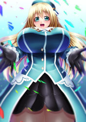Rule 34 | 1girl, atago (kancolle), black gloves, blonde hair, breasts, gloves, hat, highres, impossible clothes, kantai collection, kogawawaki, large breasts, long hair, looking at viewer, military, military uniform, open mouth, pantyhose, shiny skin, smile, tight clothes, uniform