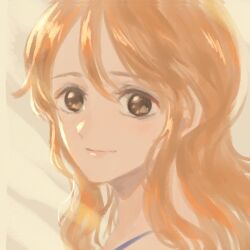 Rule 34 | 1girl, archived source, bad id, bad twitter id, brown eyes, close-up, from side, hair between eyes, highres, light smile, long hair, looking at viewer, nami (one piece), one piece, orange hair, potechi norisio, simple background, solo