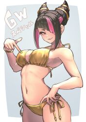 Rule 34 | 1girl, absurdres, ap cammy, bikini, black hair, bracelet, breasts, capcom, drill hair, gold bikini, green nails, han juri, highres, jewelry, large breasts, looking at viewer, multicolored hair, navel, pointing at breasts, sideboob, simple background, smirk, solo, streaked hair, street fighter, swimsuit, twin drills