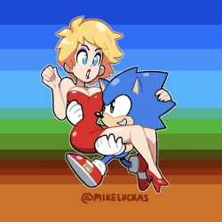 Rule 34 | 1boy, 1girl, blonde hair, blue eyes, breasts, carrying, cleavage, dress, eyeshadow, furry, furry male, high heels, highres, lipstick, madonna garnet, makeup, medium breasts, mike luckas, open mouth, princess carry, red dress, red footwear, red skirt, running, shoes, skirt, sonic (series), sonic the hedgehog, strapless, strapless dress, twitter username