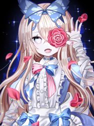 Rule 34 | 1girl, alice (grimlight), apron, bandaged arm, bandages, blonde hair, blue bow, blue choker, blue dress, bow, choker, dress, flower, frills, grimlight, hair bow, hair over one eye, highres, long hair, multicolored bowtie, open mouth, petals, puffy sleeves, red flower, redblack 2468, rose, smile, solo, white eyes