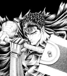 Rule 34 | 1boy, absurdres, amputee, berserk, black hair, dragonslayer (sword), fighting stance, glaring, greyscale, guts (berserk), highres, holding, holding sword, holding weapon, huge weapon, looking at viewer, male focus, monochrome, multicolored hair, official style, short hair, sinichi okazaki, solo, streaked hair, sword, thick eyebrows, weapon