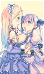 Rule 34 | 2girls, bdsm, blonde hair, blue eyes, bondage, bound, bound together, breasts, chain, large breasts, linked piercing, linked piercings, long hair, maid, mikage sekizai, multiple girls, original, piercing, pink hair, shared piercing, tongue chain, tongue piercing, twintails, yuri