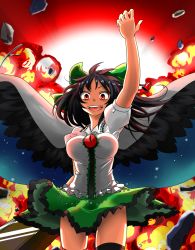 Rule 34 | 1girl, :d, arm cannon, arm up, backlighting, bird wings, black hair, black thighhighs, black wings, bow, breasts, cape, clothes lift, explosion, hair bow, highres, open mouth, red eyes, reiuji utsuho, rubble, short sleeves, skirt, skirt lift, smile, solo, thighhighs, third eye, touhou, weapon, wind, wind lift, wings, zk (zk gundan)