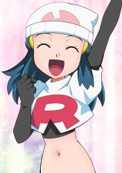 Rule 34 | 1girl, ^ ^, arm up, beanie, black gloves, blue hair, clenched hand, closed eyes, cosplay, creatures (company), dawn (pokemon), elbow gloves, facing viewer, female focus, game freak, gloves, gradient background, hainchu, hair ornament, hairclip, hat, highres, jessie (pokemon), jessie (pokemon) (cosplay), medium hair, midriff, navel, nintendo, pokemon, pokemon (anime), pokemon dppt (anime), single letter, smile, solo, upper body