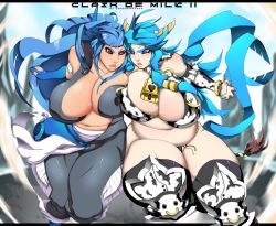 Rule 34 | 2girls, animal ears, animal print, bare shoulders, bell, bikini, blue gloves, blue hair, bracelet, breasts, cleavage, collar, collarbone, covered erect nipples, cow ears, cow girl, cow print, cow tail, detached sleeves, dragoon-rekka, elbow gloves, female focus, fighting, gloves, gradient background, horns, huge breasts, jewelry, lips, long hair, multiple girls, nail polish, navel, nipple piercing, original, piercing, piercing through clothes, plump, purple eyes, red eyes, running, swimsuit, tail, thick thighs, thighhighs, thighs, wide hips