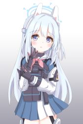 Rule 34 | 1girl, animal ears, blue archive, body armor, gloves, hair between eyes, halo, headphones, highres, langley1000, long hair, miyako (blue archive), open mouth, purple eyes, rabbit ears, resolution mismatch, school uniform, side ponytail, silver hair, source larger, vest
