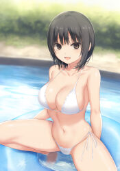 Rule 34 | 1girl, :d, aoyama sumika, bare arms, bare legs, bikini, black hair, breasts, brown hair, cleavage, coffee-kizoku, collarbone, commentary request, day, hair between eyes, highres, innertube, large breasts, looking at viewer, navel, open mouth, original, outdoors, pool, short hair, side-tie bikini bottom, smile, solo, spread legs, squatting, stomach, swim ring, swimsuit, white bikini