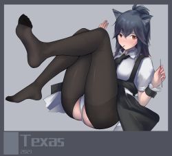 Rule 34 | 2021, alternate costume, animal ears, arknights, black necktie, black pantyhose, black skirt, blush, character name, chinese commentary, collared dress, dress, feet, food, full body, highres, holding, holding food, legs up, mouth hold, necktie, panties, pantyhose, pocky, ponytail, sitting, skirt, sleeves rolled up, solo, texas (arknights), underwear, white dress, white panties, wolf ears, wolf girl, wrist cuffs