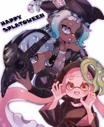 Rule 34 | 1girl, 2boys, black hood, blue hair, commentary request, dark-skinned male, dark skin, english text, eyepatch, fang, gradient hair, grey eyes, grey hair, halloween, halloween costume, happy halloween, hat, highres, hsk8tori, inkling, inkling boy, inkling girl, inkling player character, jewelry, long hair, multicolored hair, multiple boys, necklace, nintendo, octoling, octoling boy, octoling player character, open mouth, pink hair, pirate hat, plague doctor mask, short hair, simple background, splatoon (series), splatoon 3, tentacle hair, two-tone hair, white background, white hair, yellow eyes