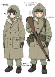 Rule 34 | 1girl, blush, brown eyes, closed mouth, dressing, ebifly, closed eyes, facing viewer, gun, helmet, holding, holding gun, holding weapon, how to, m1 garand, military, military uniform, multiple views, numbered, original, rifle, short hair, simple background, squiggle, standing, translation request, uniform, weapon, white background, white hair
