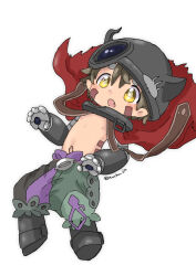 Rule 34 | 1boy, :o, auchu jin, brown hair, cape, chibi, child, fake horns, green shorts, hair between eyes, helmet, highres, horned headwear, horned helmet, horns, light blush, looking at viewer, made in abyss, mechanical arms, mechanical hands, mechanical legs, multicolored clothes, multicolored shorts, navel, nipples, open mouth, pointy ears, purple shorts, red cape, regu (made in abyss), robot, sharp teeth, shorts, solo, teeth, topless male, upper teeth only, white background, yellow eyes