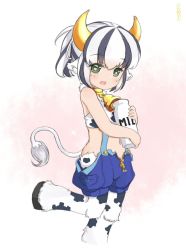 Rule 34 | 1girl, animal ears, animal print, bad id, bad twitter id, baigao, bell, black hair, bottle, cow ears, cow horns, cow print, cow tail, cowbell, fur, green eyes, heart, heart-shaped pupils, holstaur (monster girl encyclopedia), hooves, horns, looking at viewer, milk bottle, monster girl encyclopedia, multicolored hair, short ponytail, solo, suspenders, symbol-shaped pupils, tail, two-tone hair, unzipped, white hair, aged down