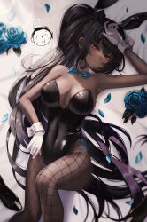 Rule 34 | 1girl, absurdres, animal ears, arm up, armpits, bare arms, bare shoulders, black hair, black hairband, black leotard, blue archive, blue flower, bow, bowtie, breasts, cleavage, closed mouth, covered navel, dark-skinned female, dark skin, detached collar, fake animal ears, fishnet pantyhose, fishnets, flower, frown, gloves, hairband, highleg, highleg leotard, highres, karin (blue archive), karin (bunny) (blue archive), large breasts, leotard, long hair, looking at viewer, lying, official alternate costume, on back, orange eyes, pantyhose, petals, playboy bunny, ponytail, rabbit ears, rose, shoulder tattoo, side-tie leotard, solo, starlip, strapless, strapless leotard, sweat, tattoo, thighs, very long hair, white gloves, wrist cuffs