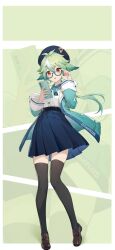 Rule 34 | 1girl, animal ears, black headwear, blue skirt, brown footwear, cellphone, collaboration, floating hair, full body, genshin impact, glasses, green-framed eyewear, green hair, green jacket, hand up, highres, holding, holding phone, jacket, loafers, long hair, long sleeves, looking at phone, low ponytail, official alternate costume, official art, open clothes, open jacket, parted lips, phone, shirt, shoes, simple background, skirt, smartphone, solo, standing, sucrose (genshin impact), sucrose (oneplus) (genshin impact), thighhighs, white shirt, zettai ryouiki, zoom layer