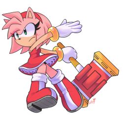 Rule 34 | 1girl, amy rose, artist name, boots, dress, furry, furry female, gloves, hammer, heartludwig, highres, holding, holding hammer, holding weapon, pink footwear, red dress, signature, simple background, sonic (series), watermark, weapon, white gloves