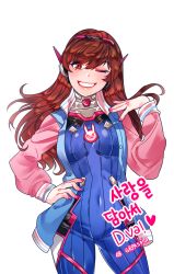 Rule 34 | 1girl, animal print, bad id, bad pixiv id, blue bodysuit, bodysuit, breasts, brown eyes, brown hair, covered navel, cowboy shot, d.va (overwatch), facepaint, facial mark, grin, hand on own hip, headphones, heart, jacket, karmaho, korean text, legs apart, long hair, long sleeves, looking at viewer, medium breasts, nail polish, one eye closed, overwatch, overwatch 1, pilot suit, pink jacket, pink nails, rabbit print, ribbed bodysuit, simple background, skin tight, smile, solo, swept bangs, translation request, whisker markings, white background