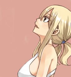 Rule 34 | 1girl, bare legs, blonde hair, breasts, fairy tail, female focus, hair between eyes, large breasts, long hair, lucy heartfilia, mashima hiro, official art, simple background, solo, twintails