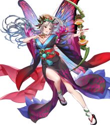 Rule 34 | 1girl, arrow (projectile), bow (weapon), breasts, cleavage, facial mark, fairy wings, female focus, fire emblem, fire emblem heroes, forehead mark, full body, gradient hair, highres, holding, holding bow (weapon), holding weapon, japanese clothes, kimono, large breasts, long hair, multicolored hair, nintendo, obi, official art, plumeria (fire emblem), pointy ears, ponytail, red eyes, sandals, sash, smile, solo, tabi, teffish, transparent background, weapon, white legwear, wide sleeves, wings