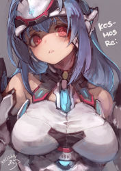 Rule 34 | 1girl, bare shoulders, blue hair, breasts, headpiece, highres, kos-mos, kos-mos re:, large breasts, looking at viewer, nintendo, parted lips, red eyes, ringed eyes, signature, solo, suzuno (bookshelf), upper body, xenoblade chronicles (series), xenoblade chronicles 2, xenoblade chronicles (series), xenoblade chronicles 2, xenosaga