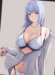 Rule 34 | 3 small spiders, absurdres, blush, bra, breasts, cleavage, collarbone, collared shirt, girls&#039; frontline, grey background, grey hair, highres, looking at viewer, navel, off shoulder, panties, parted lips, purple eyes, rpk-16 (girls&#039; frontline), shirt, short hair, simple background, smile, unbuttoned, unbuttoned shirt, underwear, upper body, white background, white panties, white shirt