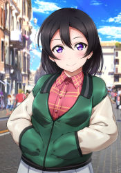 Rule 34 | 1girl, black hair, blurry, blurry background, blush, collared shirt, crowd, dated, green jacket, hands in pockets, highres, jacket, long sleeves, looking at viewer, love live!, love live! sunshine!!, love live! sunshine!! the school idol movie over the rainbow, plaid, plaid skirt, pleated skirt, purple eyes, raglan sleeves, red shirt, shiimai, shirt, short hair, signature, skirt, smile, solo focus, upper body, watanabe tsuki