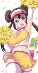 Rule 34 | 1girl, :o, arm up, blue eyes, bouncing breasts, breasts, brown hair, cheerleader, confetti, creatures (company), double bun, game freak, hair between eyes, hair bun, halter shirt, halterneck, highres, holding, holding pom poms, kasai shin, large breasts, looking at viewer, medium breasts, navel, nintendo, open mouth, pink trim, pleated skirt, pokemon, pokemon bw2, pom pom (cheerleading), pom poms, rosa (pokemon), shirt, simple background, skirt, smile, solo, teeth, thighhighs, twintails, upper teeth only, visor cap, white background, white thighhighs, yellow shirt, yellow skirt