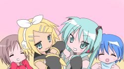 1boy 3girls aqua_eyes aqua_hair blonde_hair blue_eyes blue_hair detached_sleeves hair_between_eyes hair_ornament hatsune_miku iyukickss kagamine_rin kaito_(vocaloid) long_hair long_sleeves looking_at_viewer lowres lucky_star meiko_(vocaloid) multiple_girls necktie open_mouth parody simple_background sleeveless smile twintails very_long_hair vocaloid