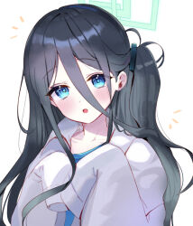 Rule 34 | aris (blue archive), ash (cat7evy), black hair, black hairband, blue archive, blue eyes, blue necktie, bright pupils, collarbone, hair between eyes, hairband, halo, highres, looking at viewer, necktie, one side up, oversized clothes, oversized shirt, ringed eyes, shirt, sleeves past fingers, sleeves past wrists, white pupils, white shirt