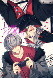 Rule 34 | 2boys, bad id, bad pixiv id, bishounen, controller, dual persona, english text, food, from argonavis, fruit, fur collar, fur trim, game controller, grey hair, hair over eyes, hair over one eye, happy birthday, holding, holding controller, makeup, male focus, multicolored hair, multiple boys, pomegranate, purple eyes, red hair, saigi, spikes, suzaki jun, tongue, tongue out