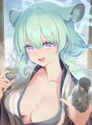 Rule 34 | 1girl, :d, alcohol, animal ear fluff, animal ears, bath yukata, blue archive, blue eyes, blue nails, blurry, blurry background, blush, bottle, breasts, choko (cup), collarbone, commentary, cup, english commentary, green hair, grey kimono, hair between eyes, highres, holding, indoors, japanese clothes, kimono, long hair, long sleeves, looking at viewer, medium breasts, medium hair, no bra, official alternate costume, onsen, open clothes, open mouth, penguin say, purple eyes, sake, sake bottle, shigure (blue archive), shigure (hot spring) (blue archive), shirt, short hair, smile, solo, tail, tokkuri, upper body, water drop, weasel ears, weasel girl, weasel tail, wet, white shirt, yukata