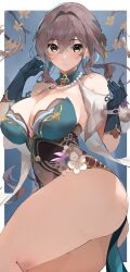 Rule 34 | 1girl, absurdres, bare shoulders, bead necklace, beads, black gloves, blush, breasts, brown hair, cleavage, commentary request, commission, covered navel, dress, dx (xxer4838), floral print, gloves, hair intakes, highres, honkai: star rail, honkai (series), jewelry, large breasts, looking at viewer, multicolored clothes, multicolored dress, necklace, ruan mei (honkai: star rail), skeb commission, solo, strapless, strapless dress, thick thighs, thighs, upper body, yellow eyes