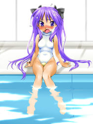 Rule 34 | 1girl, bad id, bad pixiv id, barefoot, blue eyes, blush, cosplay, covered navel, highres, hiiragi kagami, indoors, kamia (not found), long hair, lucky star, multi (cosplay), multi (to heart), pool, poolside, purple hair, sitting, soaking feet, solo, sweatdrop, swimsuit, to heart, to heart (series), twintails, very long hair, water, window