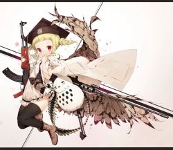Rule 34 | 1girl, ak-47, ammunition belt, animal, assault rifle, bird, bird wings, black bow, black hat, black necktie, black thighhighs, blonde hair, blunt bangs, boots, bow, brown footwear, browning m2, commentary request, copyright request, covered mouth, cross-laced footwear, dress, feathered wings, full body, gun, hat, heavy machine gun, highres, holding, holding gun, holding weapon, jacket, jacket on shoulders, kalashnikov rifle, lace-up boots, letterboxed, looking at viewer, mabuta (byc0yqf4mabye5z), machine gun, mortarboard, necktie, owl, pocket, purple eyes, rifle, ringlets, short hair, short sleeves, sidelocks, simple background, solo, star (symbol), thighhighs, thighhighs under boots, twintails, weapon, weapon request, white background, white dress, white jacket, wings