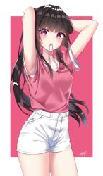 Rule 34 | 1girl, armpits, artist name, black hair, blunt bangs, blush, breasts, collarbone, commentary request, hair tie, hair tie in mouth, highres, long hair, looking at viewer, mouth hold, niyun (n niyu), pink background, pink ribbon, pink shirt, ponytail, ribbon, senki zesshou symphogear, shirt, short shorts, shorts, simple background, small breasts, solo, tsukuyomi shirabe, twintails, two-tone background, tying hair, white background, white shorts
