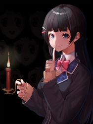 Rule 34 | 1girl, black background, black eyes, black hair, black jacket, blazer, bow, bowtie, candle, cardigan, closed mouth, collared shirt, dark, hair ornament, hairclip, hand up, highres, holding, holding candle, index finger raised, jacket, long hair, long sleeves, looking at viewer, mikan (chipstar182), nazono mito, nijisanji, pink bow, pink bowtie, school uniform, shirt, smile, solo, tsukino mito, tsukino mito (1st costume), upper body, virtual youtuber, when you see it, white shirt, wing collar
