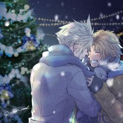 Rule 34 | 2boys, blonde hair, blue scarf, blush, christmas lights, christmas tree, closed eyes, cloud strife, coat, couple, final fantasy, final fantasy vii, final fantasy x, gloves, grin, hands on another&#039;s face, happy, highres, holding, male focus, multiple boys, outdoors, scarf, smile, snow, snowing, spiked hair, tidus, warori anne, winter, winter clothes, winter coat, yaoi