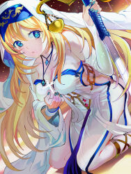 Rule 34 | 119, 1girl, alternate breast size, asymmetrical hair, bare shoulders, breasts, cleavage, cosplay, dress, goblin slayer!, green nails, habit, hand up, highres, holding, holding sword, holding weapon, kneeling, large breasts, looking at viewer, nail polish, parted lips, priestess (goblin slayer!), sidecut, solo, sword, sword maiden, sword maiden (cosplay), teeth, undercut, weapon, white dress