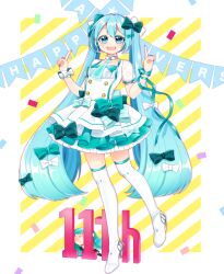 Rule 34 | 1girl, absurdres, anniversary, arm ribbon, banner, blue eyes, blue hair, blush, boots, bow, chibi, choker, confetti, dress, frilled dress, frills, full body, hair bow, hatsune miku, headphones, headset, high heel boots, high heels, highres, index finger raised, layered dress, long hair, masumofu, multiple hair bows, nail polish, necktie, open mouth, power symbol, ribbon, see-through, see-through sleeves, short sleeves, single wrist cuff, smile, standing, standing on one leg, string of flags, striped, striped background, thigh boots, very long hair, vocaloid, wrist cuffs