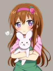 Rule 34 | 1girl, alice margatroid, blush, brown hair, closed mouth, cookie (touhou), crossed arms, food-themed hair ornament, hair ornament, hairband, heart, holding, holding stuffed toy, ichigo (cookie), long hair, looking at viewer, purple eyes, renoa yu, smile, strawberry hair ornament, stuffed animal, stuffed rabbit, stuffed toy, touhou, upper body
