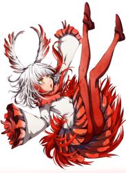 Rule 34 | 10s, 1girl, ass, blunt bangs, feathers, full body, gloves, head wings, japanese crested ibis (kemono friends), kemono friends, legs up, long hair, long sleeves, looking up, multicolored hair, nuru himmel, open mouth, pantyhose, pleated skirt, red gloves, red hair, red pantyhose, red skirt, skirt, solo, two-tone hair, white hair, wide sleeves, wings, yellow eyes