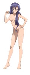 Rule 34 | 1girl, blue hair, breasts, cleft of venus, completely nude, female focus, full body, hand on own hip, highres, kazanari tsubasa, long hair, looking at viewer, navel, nipples, nude, nude filter, purple eyes, pussy, senki zesshou symphogear, simple background, small breasts, solo, standing, tagme, third-party edit, toes, transparent background