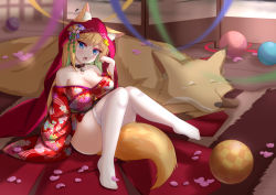 Rule 34 | :o, absurdres, animal, animal ear fluff, animal ears, ball, bare shoulders, bell, blonde hair, blue eyes, braid, breasts, brown choker, choker, cleavage, clenched hand, collarbone, ears through headwear, eyelashes, feet, flower print, fox, fox ears, fox girl, fox tail, french braid, full body, hand up, head tilt, highres, hood, indoors, japanese clothes, jingle bell, kimono, knees together feet apart, knees up, large breasts, legs, light blush, long hair, multicolored hair, neck bell, no bra, no shoes, off-shoulder, open mouth, original, petals, red hood, red kimono, sitting, sleeves past wrists, tail, thighhighs, thighs, tsurime, white thighhighs, wide sleeves, wooden floor