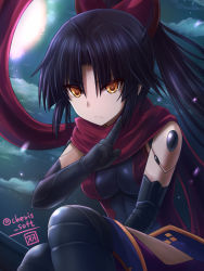 Rule 34 | 1girl, black gloves, black hair, cloud, cloudy sky, commentary request, elbow gloves, fate/grand order, fate (series), full moon, gloves, haura akitoshi, katou danzou (fate), kneeling, long hair, looking at viewer, moon, night, night sky, ninja, orange eyes, ponytail, scarf, sitting, sky, solo