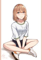 Rule 34 | 1girl, absurdres, adidas, blonde hair, blue eyes, blush, bob cut, dated, gym shirt, gym shorts, hair between eyes, highres, indian style, looking at viewer, mango (mgo), nike (company), no socks, original, product placement, shirt, shoes, short hair, shorts, sitting, slit pupils, smile, sneakers, solo, v arms