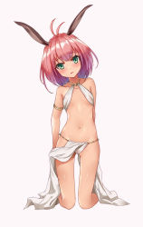 Rule 34 | 10s, 1girl, animal ears, antenna hair, arm behind back, blush, bobo (6630978), breasts, commentary request, full body, green eyes, isekai maou to shoukan shoujo no dorei majutsu, kneeling, looking at viewer, navel, pink background, pink hair, rabbit ears, revealing clothes, short hair, simple background, small breasts, solo, sylvie (isekai maou)